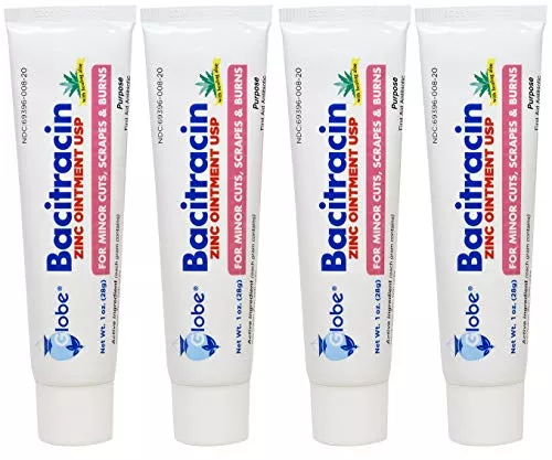 (4 Pack) Globe Bacitracin Zinc Ointment + Aloe 1oz, Antibiotic Ointment, Essential Antibiotic First Aid Supplies, Healing Action, Maximum Antibiotic Power, Prevents Infection in cuts, scrapes, Burns