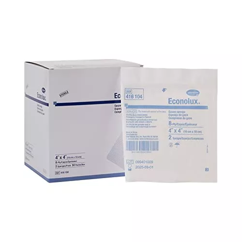 Econolux Gauze Sponge, Sterile, 8-Ply Dressing, 4 in x 4 in, 2 per Pack, 100 Packs, 200 Total