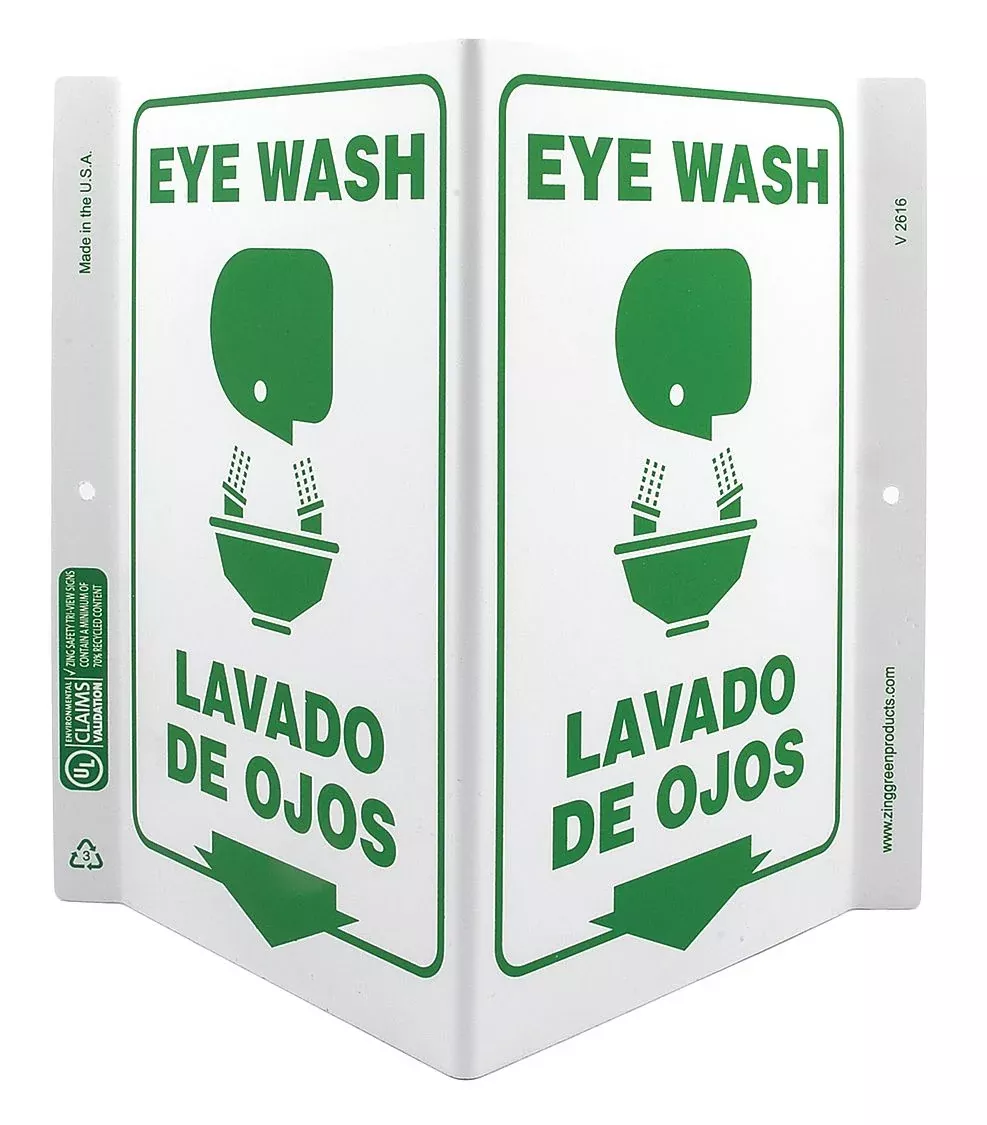 Zing Eye Wash Sign, 11 x 7In, GRN/WHT, Bilingual - 2616